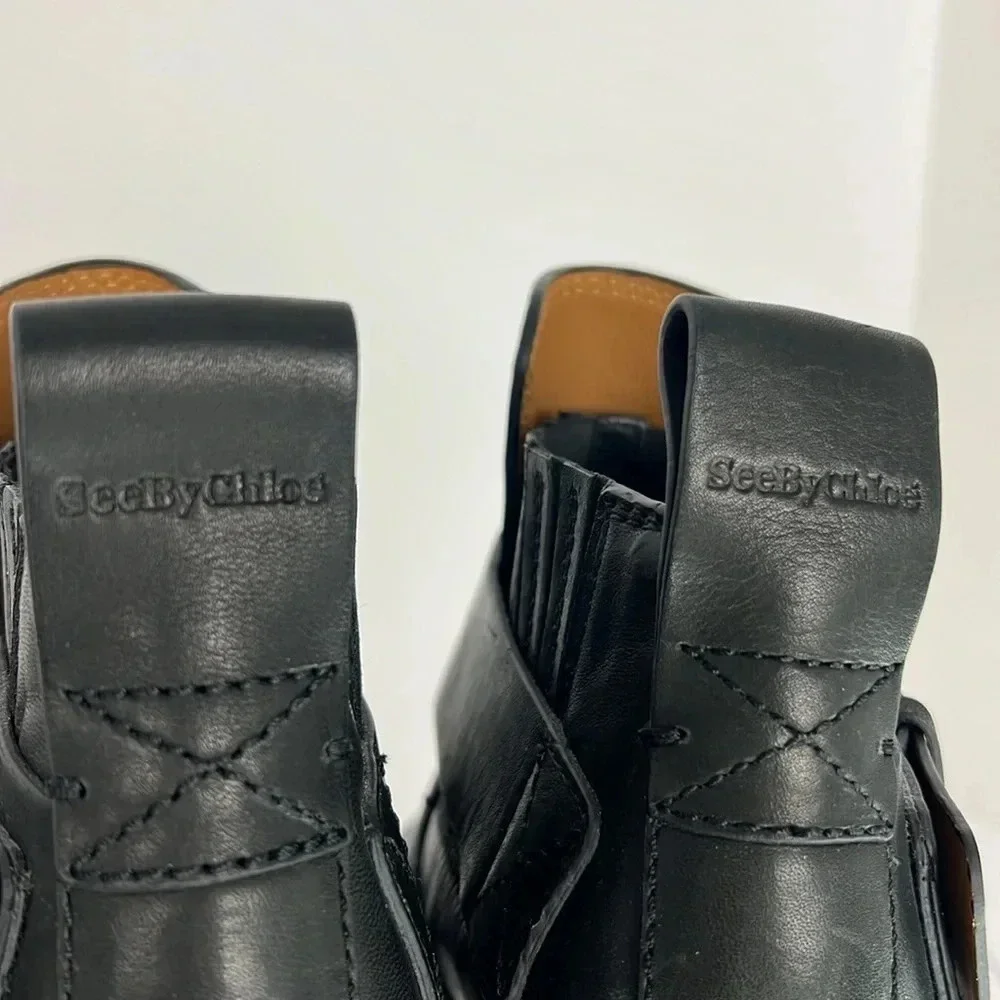 See By Chloe Black Cappa Leather Chelsea Ankle Booties Buckle Stacked Heel Sz 38